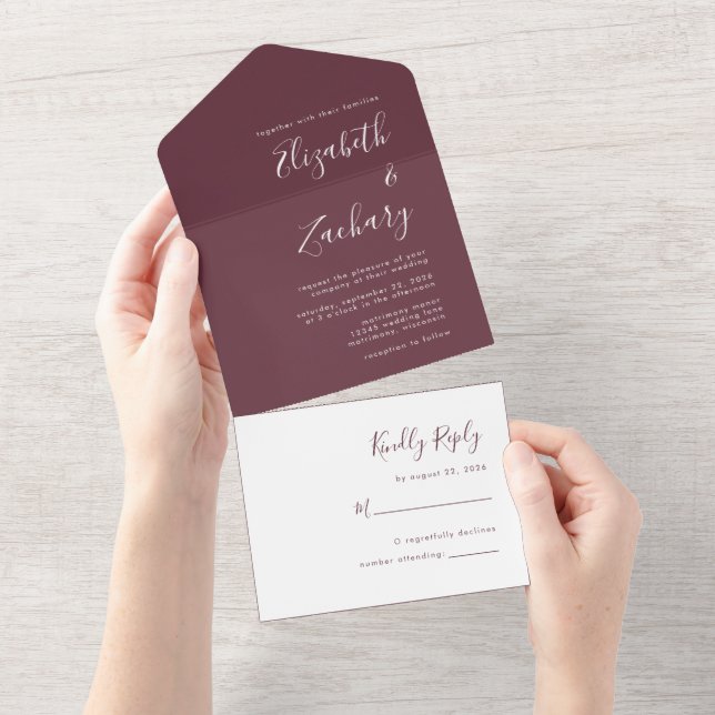 Moderne Script Minimal Burgundy Wedding All In One Einladung (Abreißen)