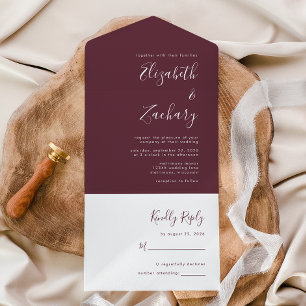 Moderne Script Minimal Burgundy Wedding All In One Einladung