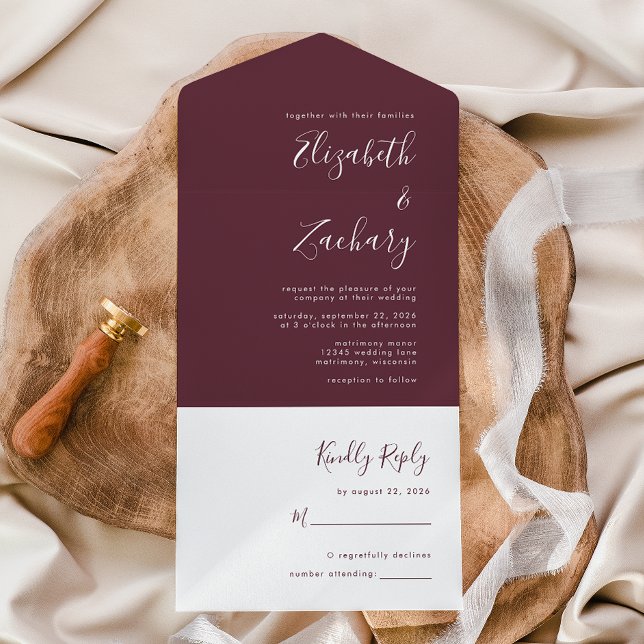 Moderne Script Minimal Burgundy Wedding All In One Einladung (Von Creator hochgeladen)