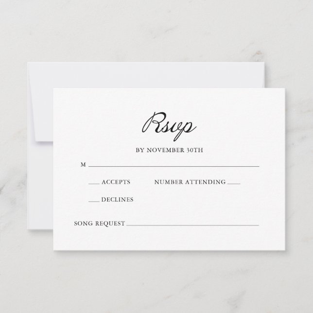 Moderne Script Minimal Calligraphy White Wedding RSVP Karte (Vorderseite)