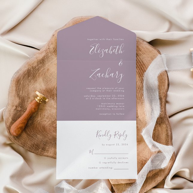 Moderne Script Minimal Dusty Lavender Wedding All In One Einladung (Von Creator hochgeladen)