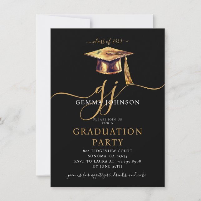 Moderne Script Minimal Graduation Party Gold Black Einladung (Vorderseite)