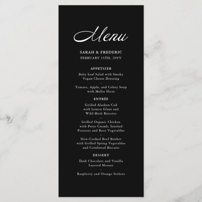 Moderne Script Minimalistisch Black Wedding Menükarte (Vorderseite)