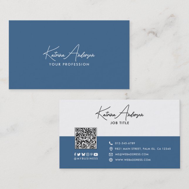 Moderne Script Minimalistisch QR Code Social Media Visitenkarte (Vorne/Hinten)