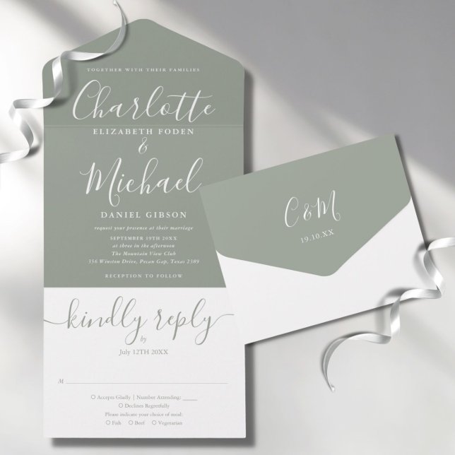 Moderne Script Minimalistisch Sage Green Wedding All In One Einladung (Von Creator hochgeladen)