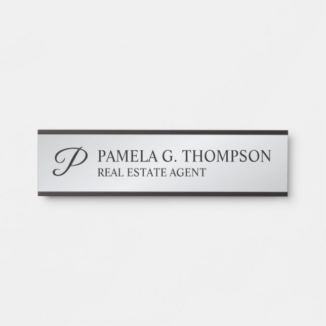 Moderne Script Monogram Black und Silver Türschild (Vorderseite )