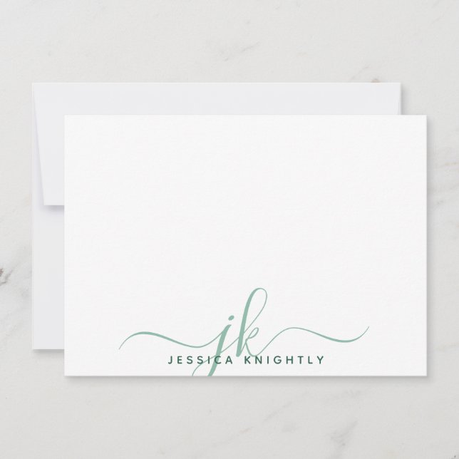 Moderne Script Monogram Initials Minimal Grün Mitteilungskarte (Vorderseite)