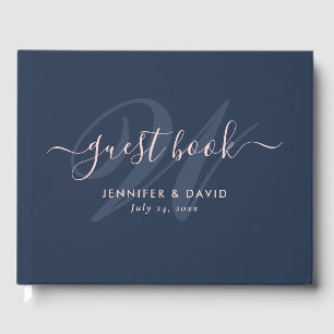 Moderne Script Navy Blue and Blush Monogram Weddin Gästebuch