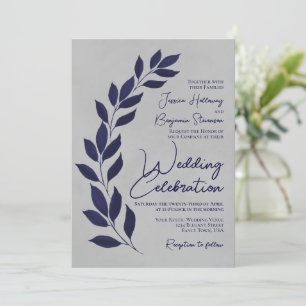 Moderne Script Navy Blue Blätter auf Gray Wedding Einladung