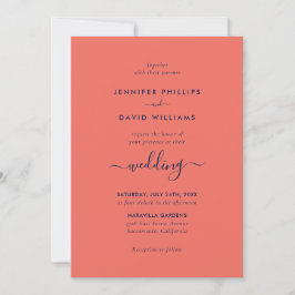 Moderne Script Navy Blue und Coral Wedding Einladung
