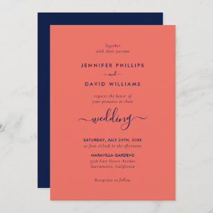 Moderne Script Navy Blue und Coral Wedding Einladung