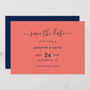 Moderne Script Navy Blue und Coral Wedding Save The Date
