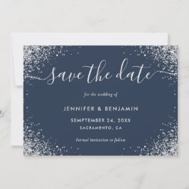 Moderne Script Navy Blue und Silver Glitzer Hochze Save The Date