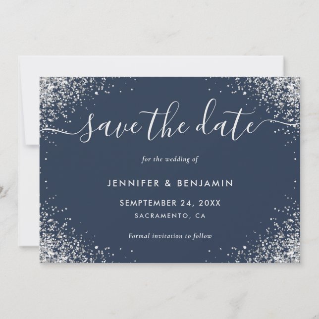 Moderne Script Navy Blue und Silver Glitzer Hochze Save The Date (Vorderseite)