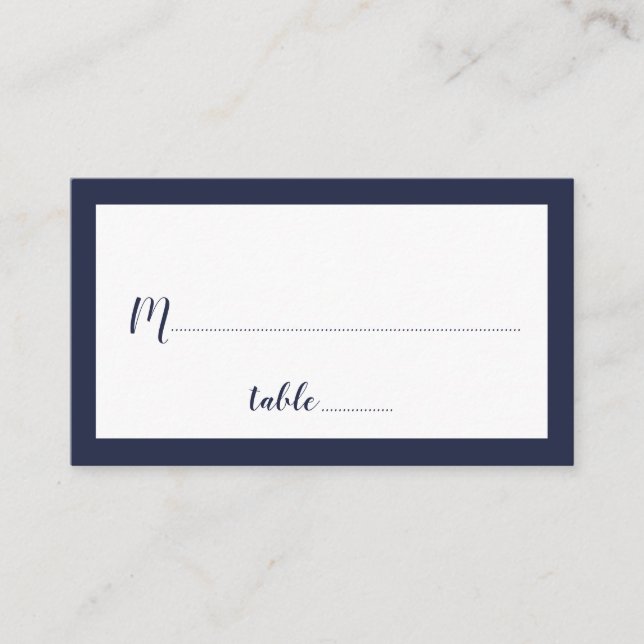 Moderne Script Navy Blue Wedding Platzkarte (Vorderseite)