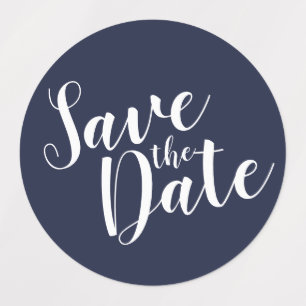 Moderne Script Navy Blue Wedding Save the Date Lab Etiketten