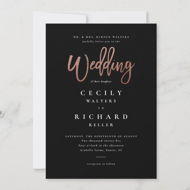 Moderne Script Rose Gold Wedding Einladung (Vorderseite)