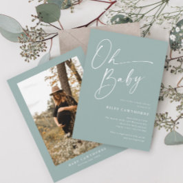 Moderne Script Sage Green Foto Babydusche Einladung