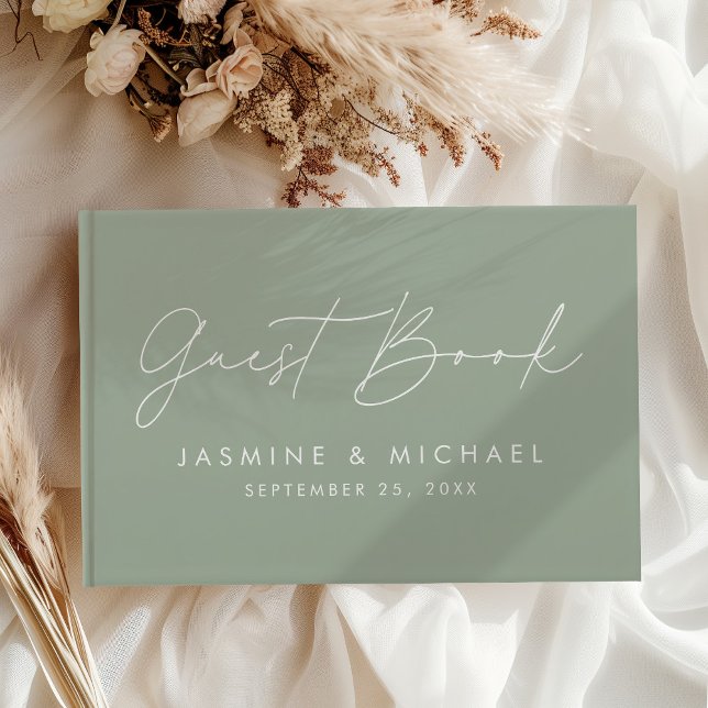 Moderne Script Sage Green Foto Hochzeit Gästebuch (Von Creator hochgeladen)