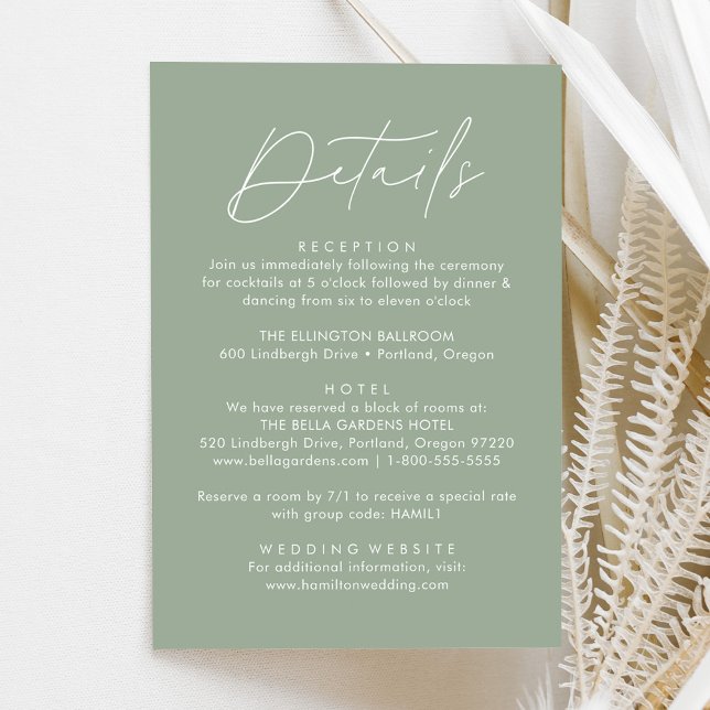 Moderne Script Sage Green Wedding Details Begleitkarte (Von Creator hochgeladen)