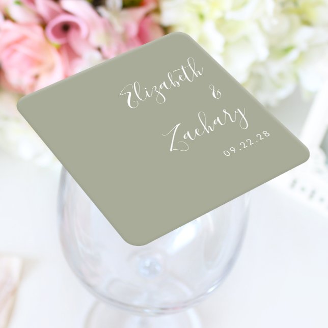 Moderne Script Sage Green Wedding Rechteckiger Pappuntersetzer (Von Creator hochgeladen)