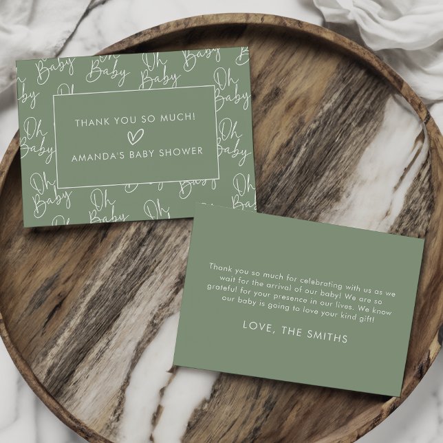 Moderne Script-Sage Oh Baby Simple Baby Dusche Fla Dankeskarte (Von Creator hochgeladen)