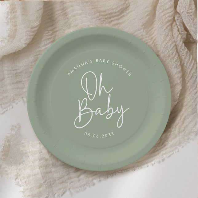 Moderne Script-Sage Oh Baby Simple Baby Dusche Pappteller (Von Creator hochgeladen)