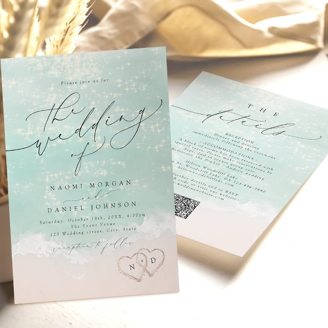 Moderne Script Sand Hearts Beach Hochzeit in einem Einladung (Modern Script Sand Hearts Beach Wedding All In One Invitation)