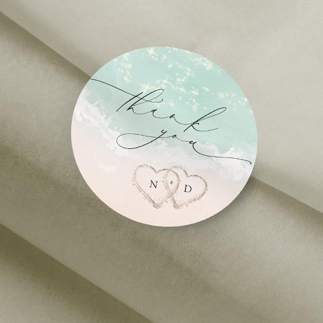 Moderne Script Sand Hearts Beach Hochzeit Vielen D Runder Aufkleber (Modern Script Sand Hearts Beach Wedding Thank You Classic Round Sticker)
