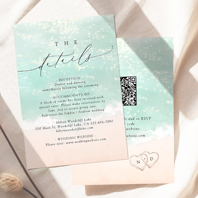 Moderne Script Sand Hearts Beach Hochzeitdetails Begleitkarte (Modern Script Sand Hearts Beach Wedding Details Enclosure Card)