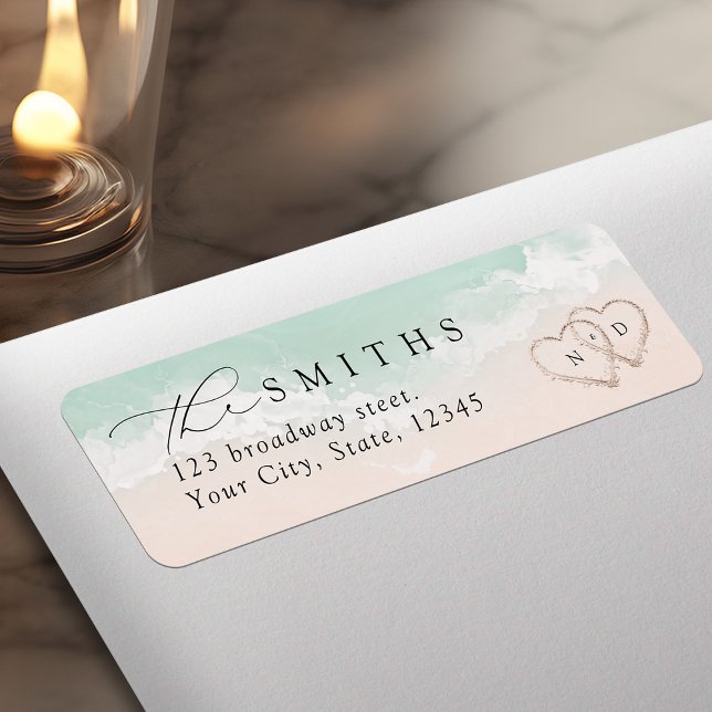 Moderne Script Sand Hearts Beach Rücksendeadresse (Modern Script Sand Hearts Beach Return Address Label)