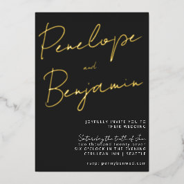 Moderne Script Schwarz-weiß Gold Hochzeit Folieneinladung