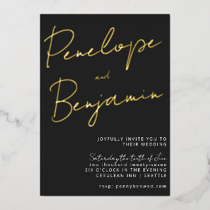 Moderne Script Schwarz-weiß Gold Hochzeit Folieneinladung