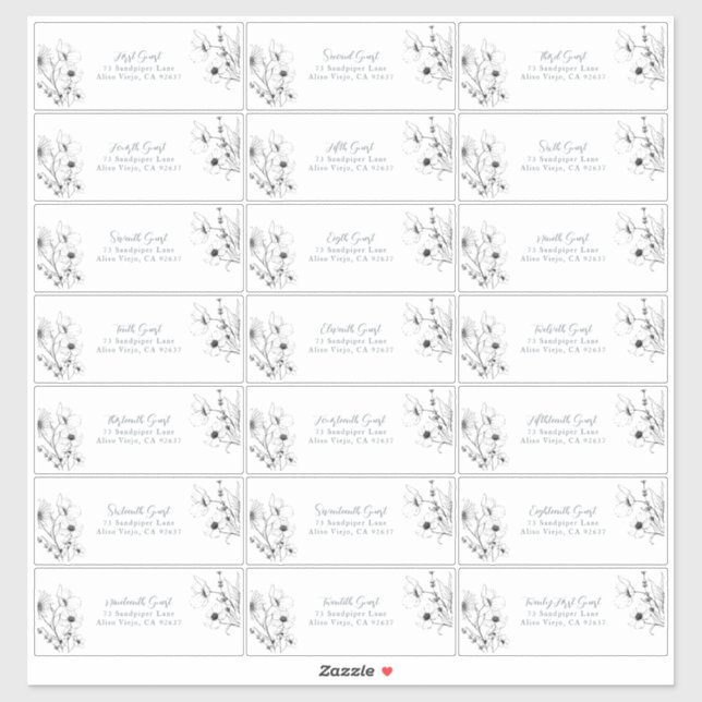 Moderne Script-Schwarz-weiße Floral Guest-Adresse Aufkleber (Blatt)