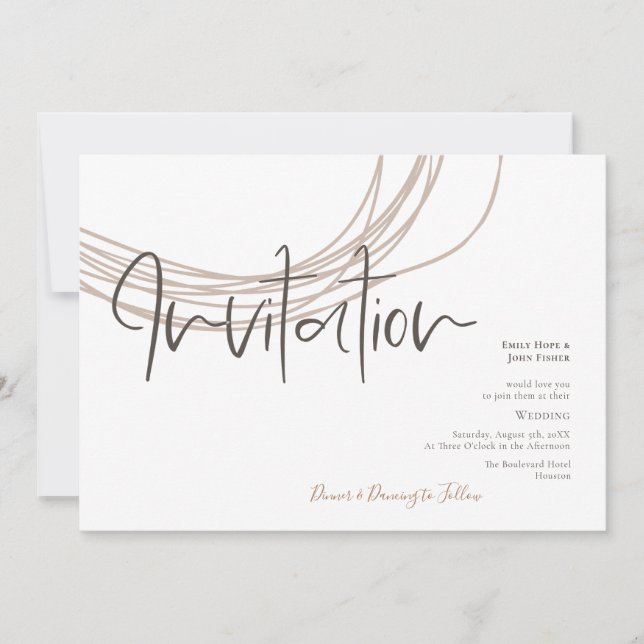 Moderne Script Scribble Circular Line Beige Weddin Einladung (Vorderseite)
