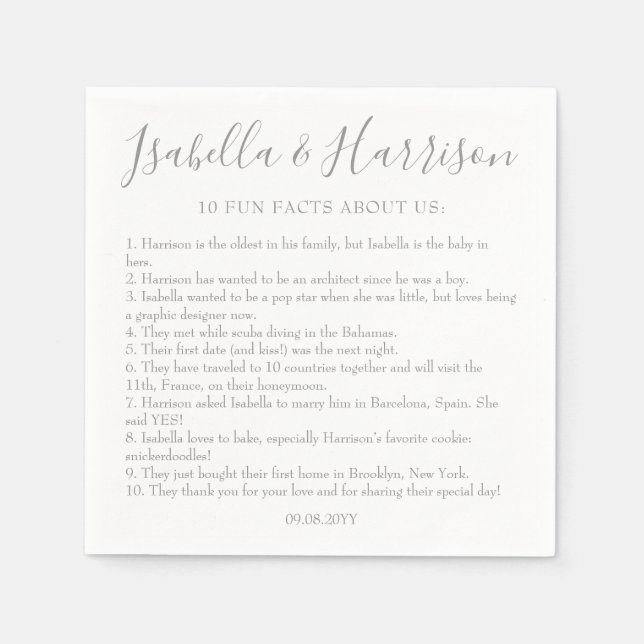 Moderne Script Silver Fun Fakten Hochzeiten von Na Serviette (Vorderseite)