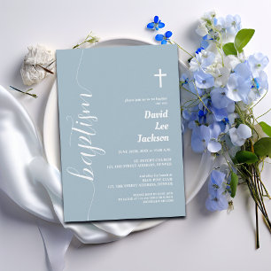 Moderne Script Taufe Weiß Kreuz Dusty Blau Einladung