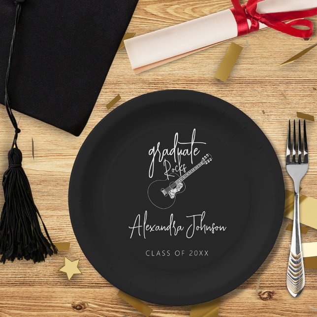 Moderne Script Trendy Guitar Graduation Party Pappteller (Modern script cool trendy minimalist country guitar music themed graduation party custom paper plate)