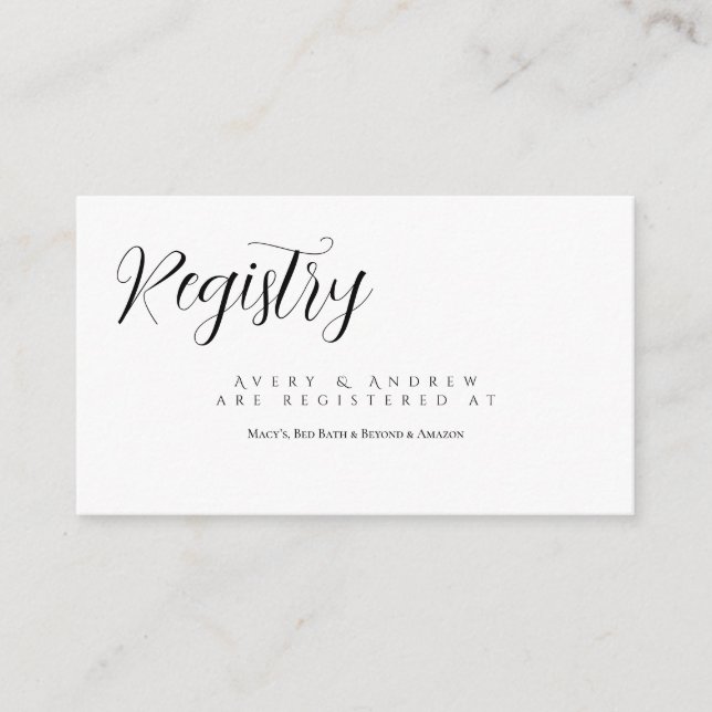 Moderne Script Typografy Bridal Registry Begleitkarte (Vorderseite)