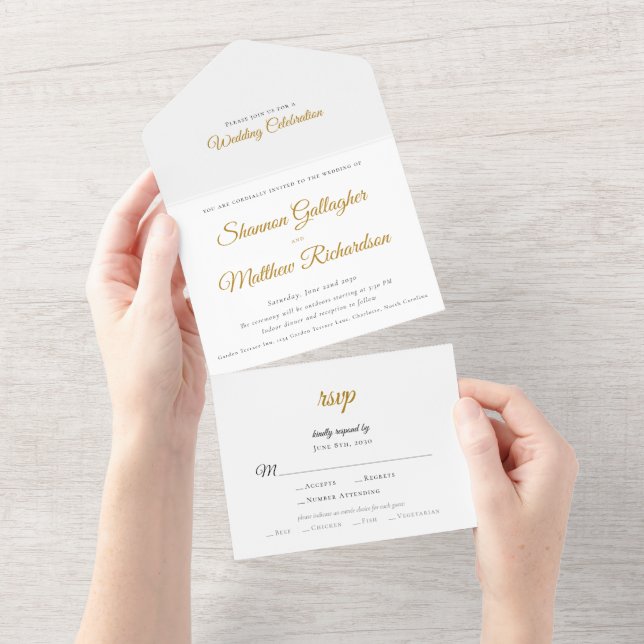 Moderne Script Typografy Schwarz-weiß Gold Wedding All In One Einladung (Abreißen)