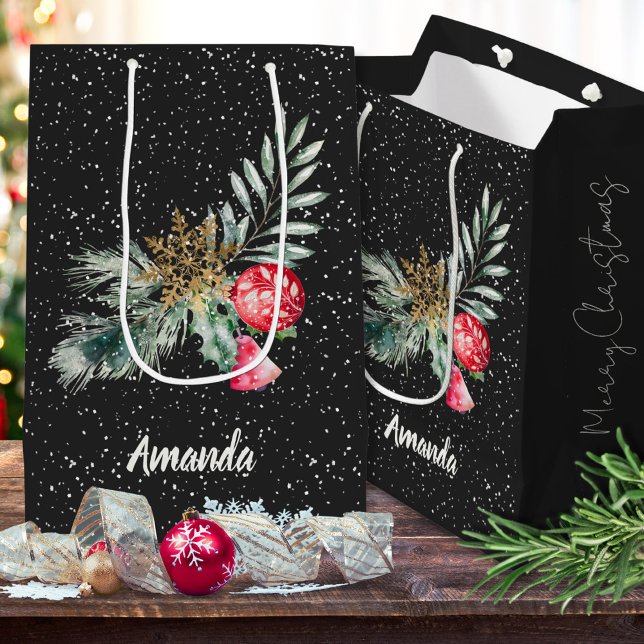 Moderne Script Watercolor Blätter Frohe Weihnachte Mittlere Geschenktüte (Von Creator hochgeladen)