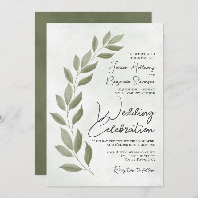 Moderne Script Watercolor Sage Grüne Hochzeit Einladung (Vorne/Hinten)