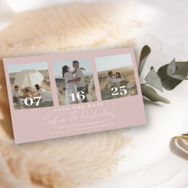 Moderne Script Wedding Collage Blush Pink Save The Date (Von Creator hochgeladen)