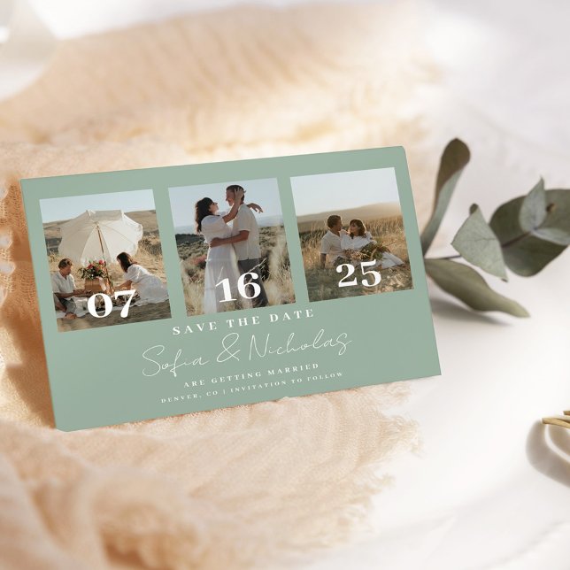 Moderne Script Wedding Collage Sage Green Save The Date (Von Creator hochgeladen)