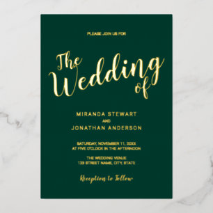Moderne Script Wedding Emerald and Gold Folieneinladung