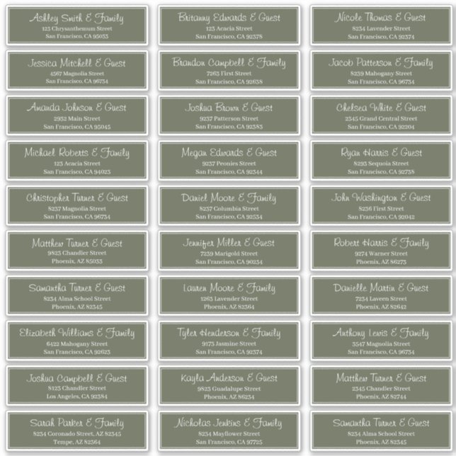 Moderne Script Wedding Guest Names Adresse Aufkleber (Vorderseite)