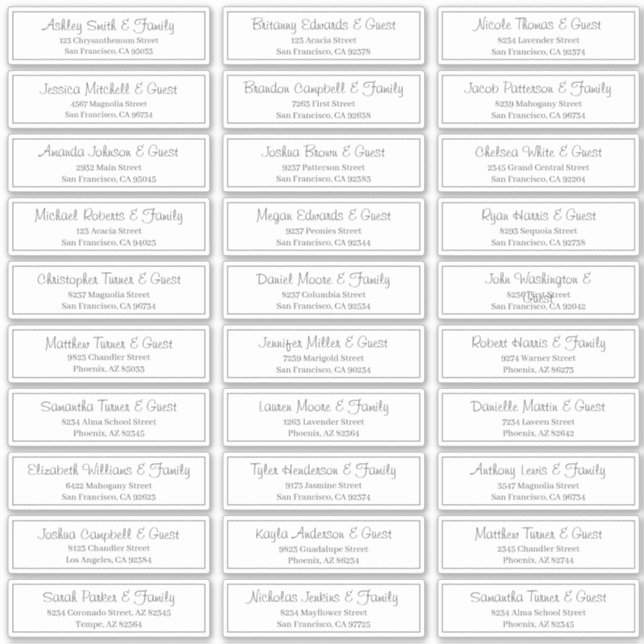 Moderne Script Wedding Guest Names Adresse Aufkleber (Vorderseite)