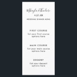 Moderne Script Wedding Menu Card Solid Color Back Menükarte<br><div class="desc">Schwarz und Weiß Modernes Skript Hochzeitsmenü Karte mit elegantem,  schwarzen Kartenrücken.</div>