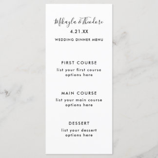 Moderne Script Wedding Menu Card Solid Color Back Menükarte