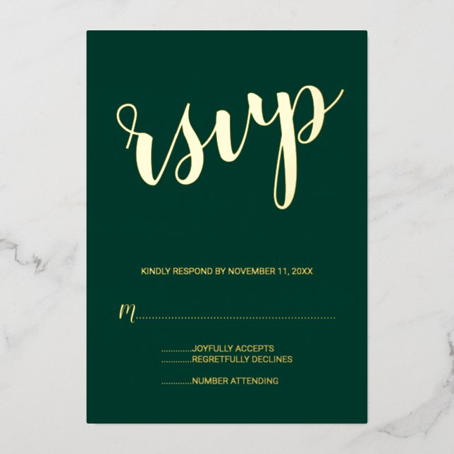 Moderne Script Wedding RSVP Smarald und Gold Folieneinladung (Vorderseite)